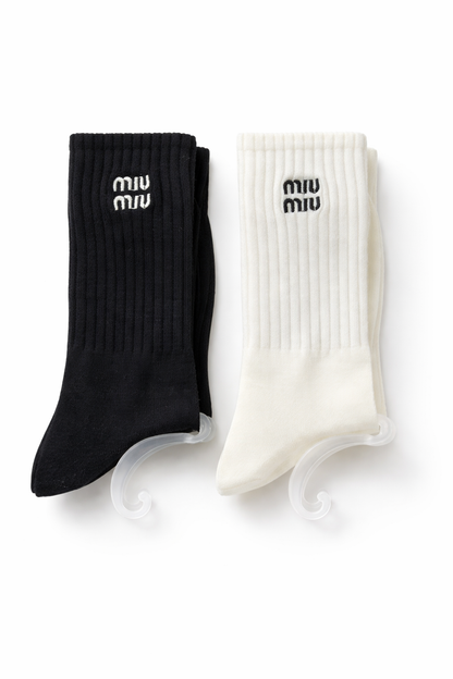 Meias Miu Miu Cano Médio Premium Confortável Logo Bordado Streetwear Tendência